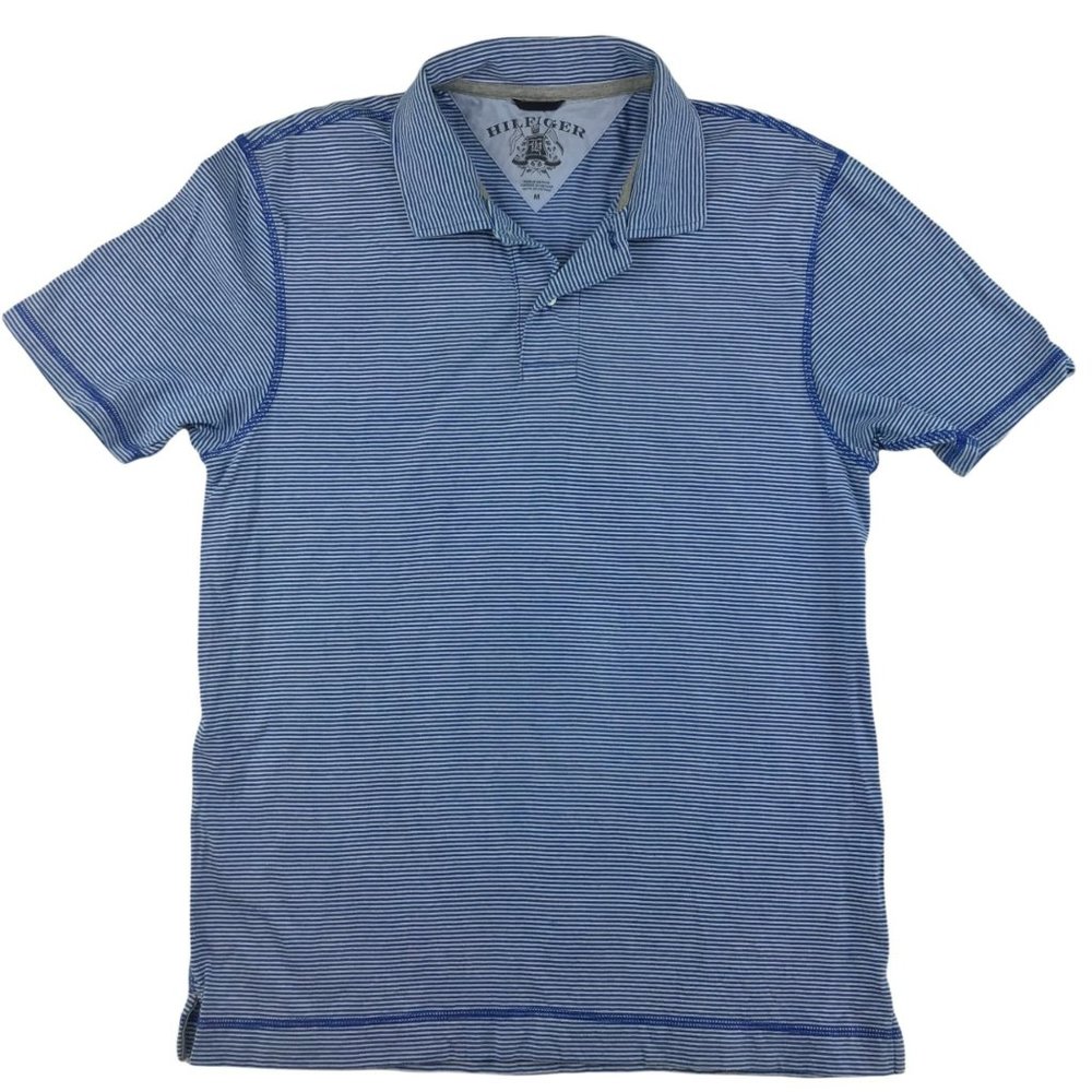 Tommy Hilfiger Men’s polo shirt M blue micro striped white short sleeve collar